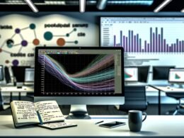 Ein moderner Büroraum mit Hauptfokus auf einen Monitor, der ein detailliertes Matplotlib-Liniendiagramm in Python zeigt. Um den Bildschirm liegen Notizblöcke, Kaffeetassen und technische Gadgets. Im unscharfen Hintergrund sind graue, standardisierte Balkendiagramme sichtbar.