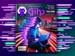 Stilisierte, geschlechtsneutrale Person im urbanen Outfit arbeitet am Laptop; im Hintergrund Symbole für GitHub, künstliche Intelligenz und Webseiten, mit violetten und neon-grünen Akzenten, moderne Skyline.