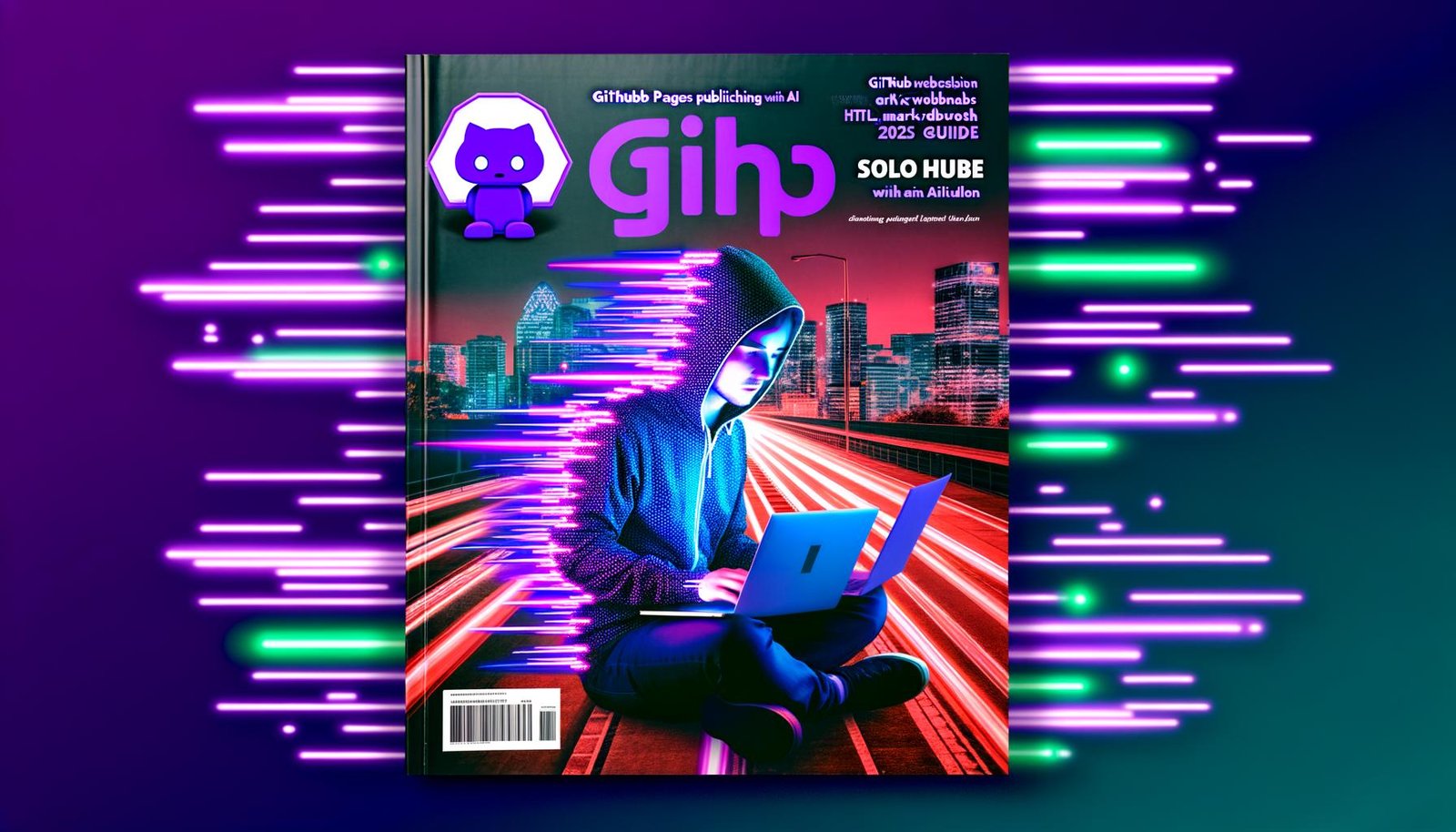 Stilisierte, geschlechtsneutrale Person im urbanen Outfit arbeitet am Laptop; im Hintergrund Symbole für GitHub, künstliche Intelligenz und Webseiten, mit violetten und neon-grünen Akzenten, moderne Skyline.