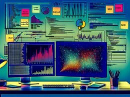 Dual-Monitor-Arbeitsplatz mit modernen Matplotlib-Charts und Pandas DataFrame, umgeben von Python- und SEO-Symbolen, kühler und professioneller Look.