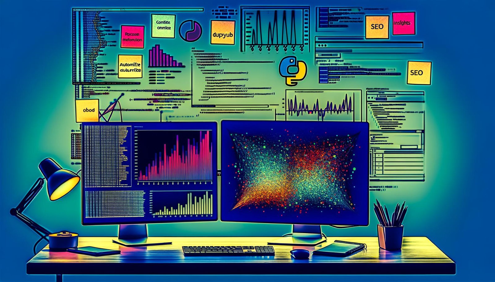 Dual-Monitor-Arbeitsplatz mit modernen Matplotlib-Charts und Pandas DataFrame, umgeben von Python- und SEO-Symbolen, kühler und professioneller Look.