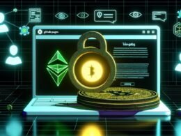 Futuristische Illustration eines Laptops mit GitHub Pages-Website, animiertem Schloss für Token-Gating, einer Krypto-Wallet, die goldene Token ausgibt, sowie dezenten Blockchain- und Community-Symbolen im dunklen, neongrünen Tech-Design.