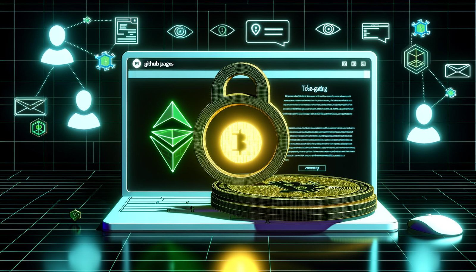 Futuristische Illustration eines Laptops mit GitHub Pages-Website, animiertem Schloss für Token-Gating, einer Krypto-Wallet, die goldene Token ausgibt, sowie dezenten Blockchain- und Community-Symbolen im dunklen, neongrünen Tech-Design.