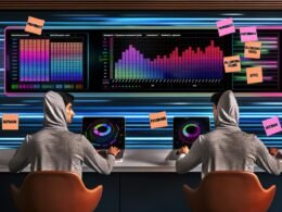Python-Entwickler an futuristischem Arbeitsplatz mit Vergleich von einfachem und optimiertem Matplotlib-Diagramm auf zwei Monitoren.