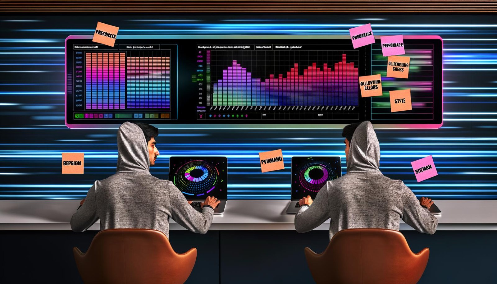 Python-Entwickler an futuristischem Arbeitsplatz mit Vergleich von einfachem und optimiertem Matplotlib-Diagramm auf zwei Monitoren.