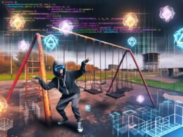 Verlassener, futuristischer Spielplatz mit rostigen Schaukeln und Rutschen, überlagert von holographischen XR-Interfaces, schwebendem Code und einem entschlossenen Entwickler mit Hoodie und VR-Brille vor einer 404-Grafik.