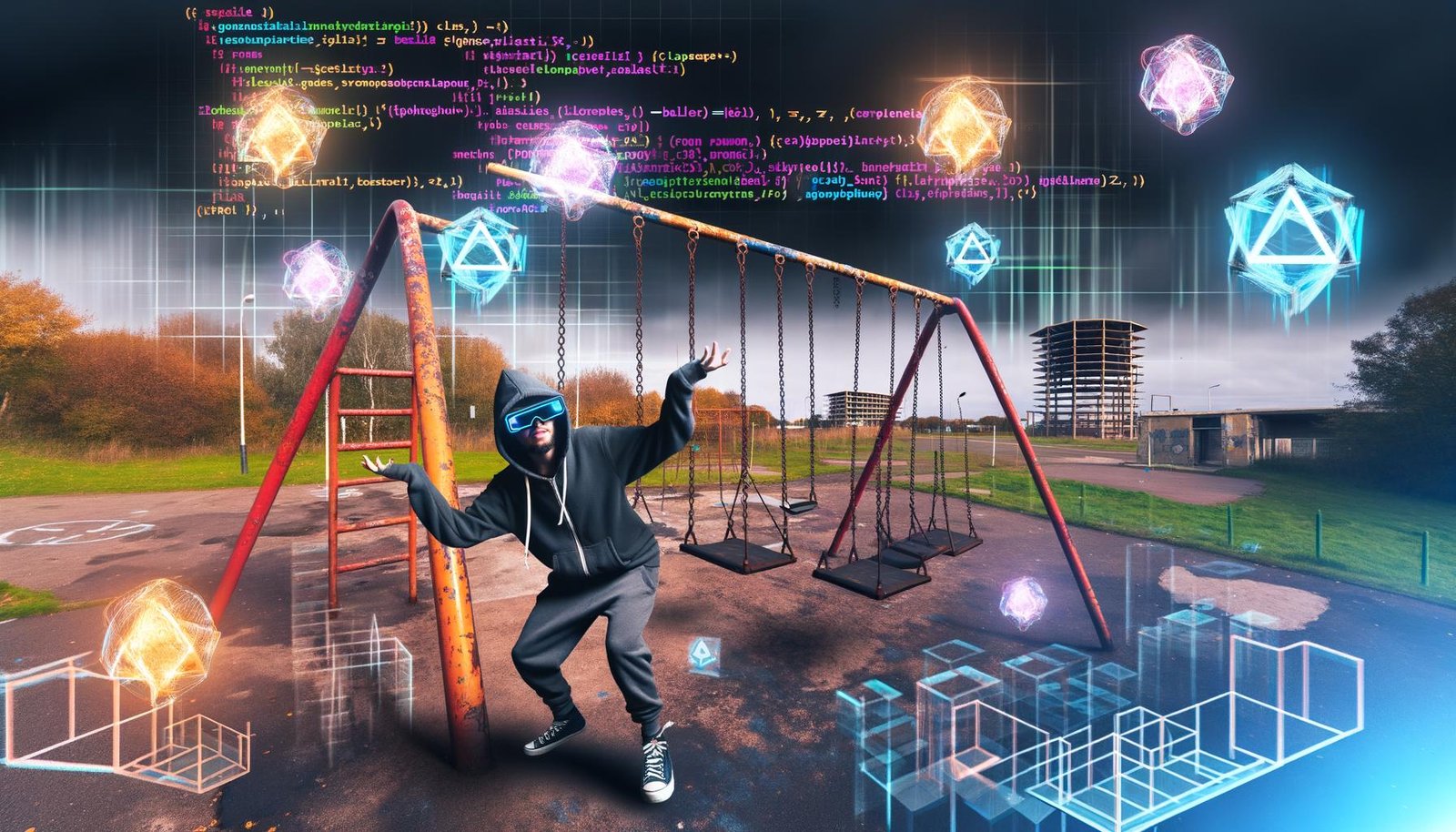 Verlassener, futuristischer Spielplatz mit rostigen Schaukeln und Rutschen, überlagert von holographischen XR-Interfaces, schwebendem Code und einem entschlossenen Entwickler mit Hoodie und VR-Brille vor einer 404-Grafik.