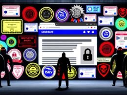 Verwirrter Website-Betreiber umgeben von einer Vielzahl übertriebener Zertifikate und Gütesiegel auf einer modernen, satirischen Startseite, mit lauernden Cyberkriminellen im Hintergrund.