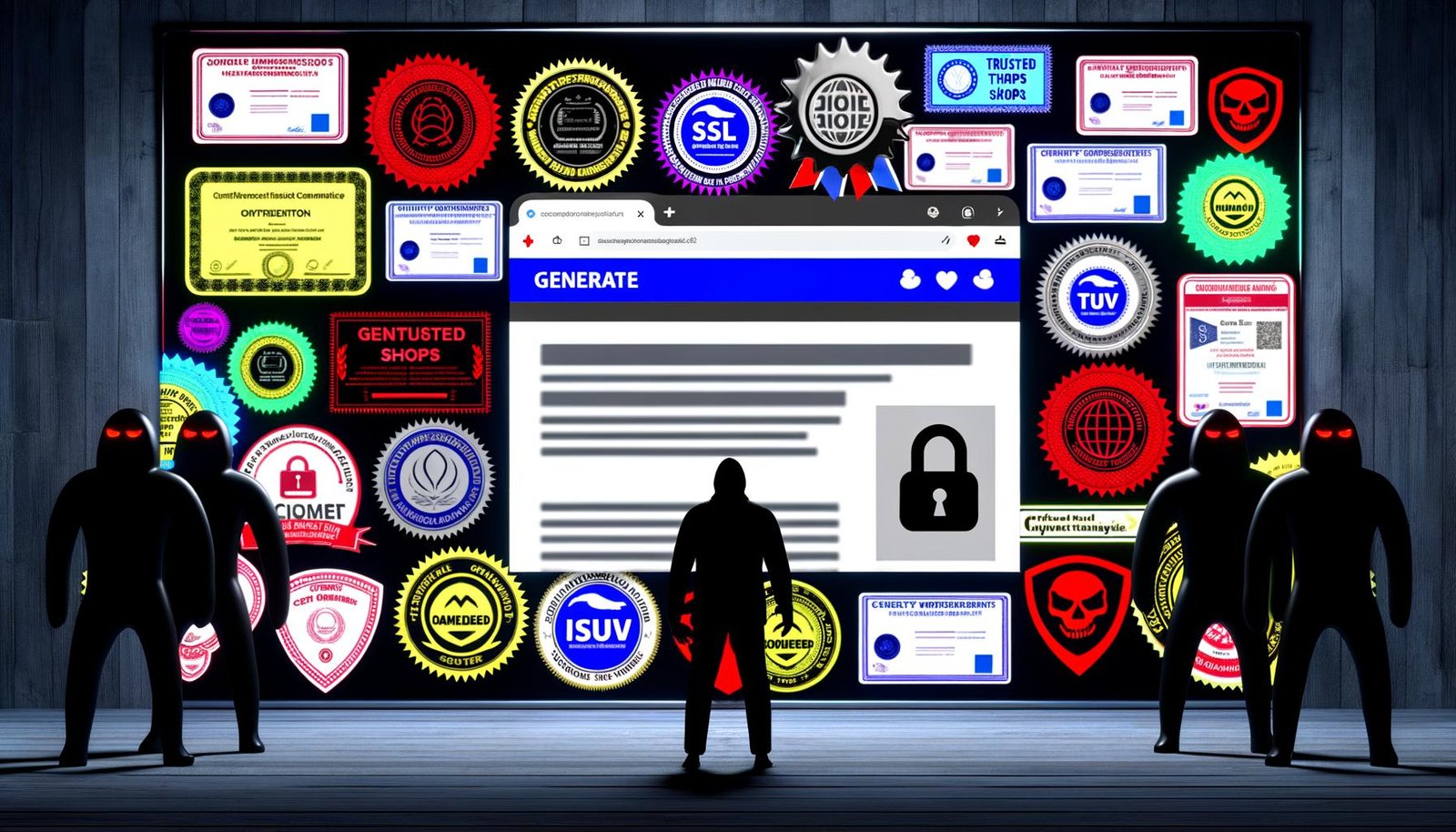 Verwirrter Website-Betreiber umgeben von einer Vielzahl übertriebener Zertifikate und Gütesiegel auf einer modernen, satirischen Startseite, mit lauernden Cyberkriminellen im Hintergrund.