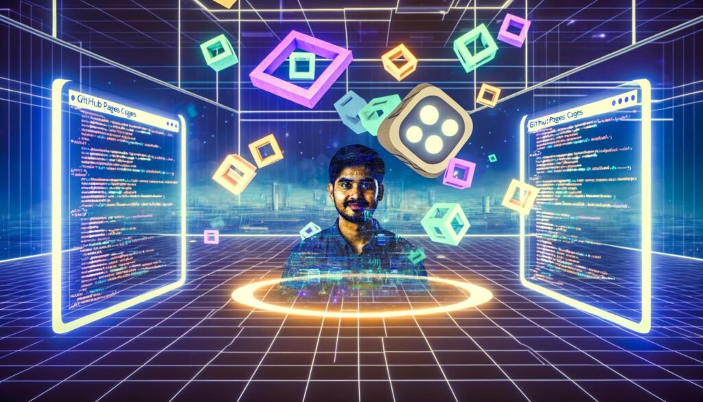 Entwickler an einem futuristischen Arbeitsplatz mit holografischen XR-Schnittstellen, Codes auf schwebenden Bildschirmen und GitHub Pages Logo im Hintergrund
