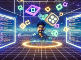 Entwickler an einem futuristischen Arbeitsplatz mit holografischen XR-Schnittstellen, Codes auf schwebenden Bildschirmen und GitHub Pages Logo im Hintergrund