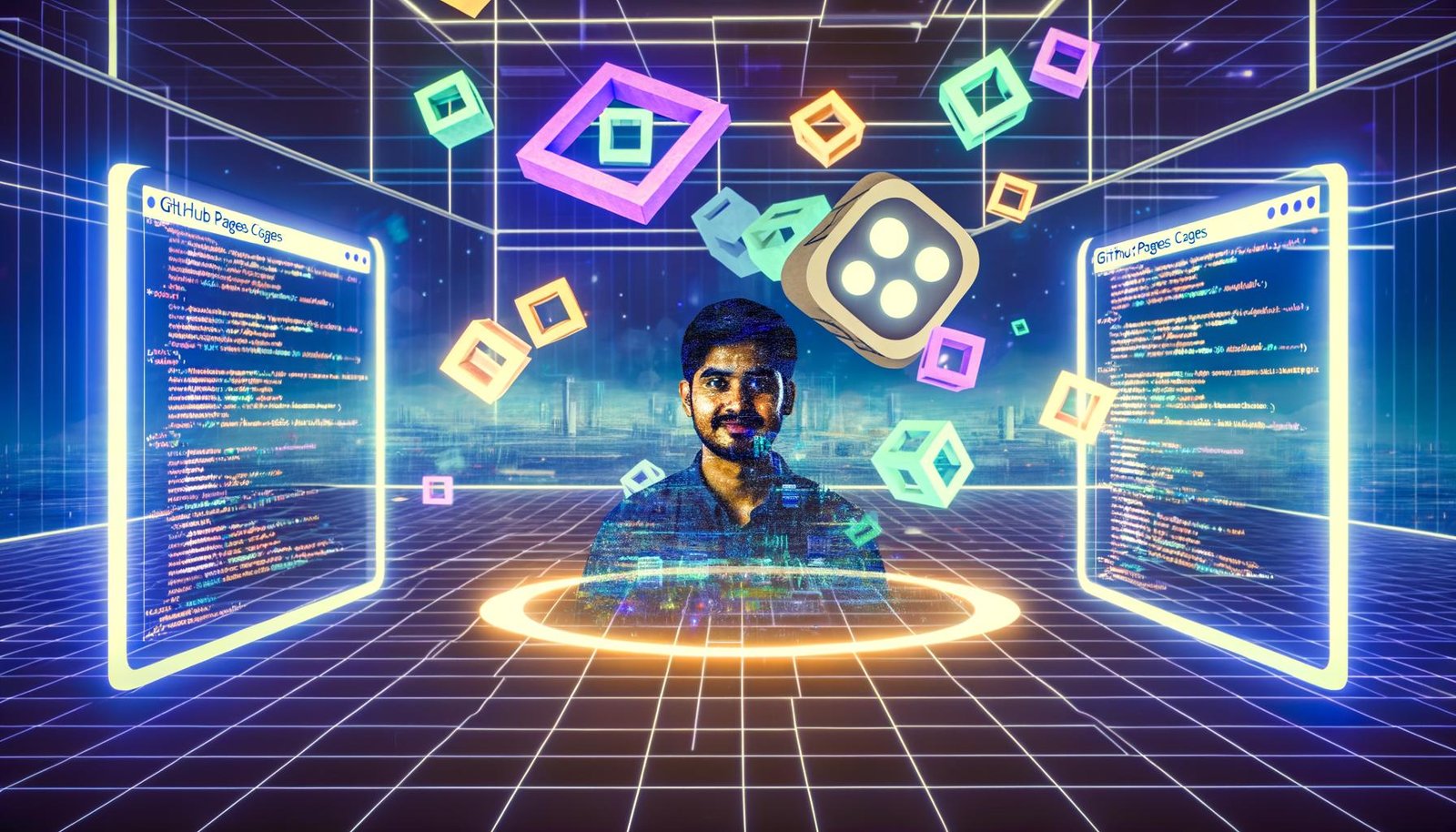Entwickler an einem futuristischen Arbeitsplatz mit holografischen XR-Schnittstellen, Codes auf schwebenden Bildschirmen und GitHub Pages Logo im Hintergrund