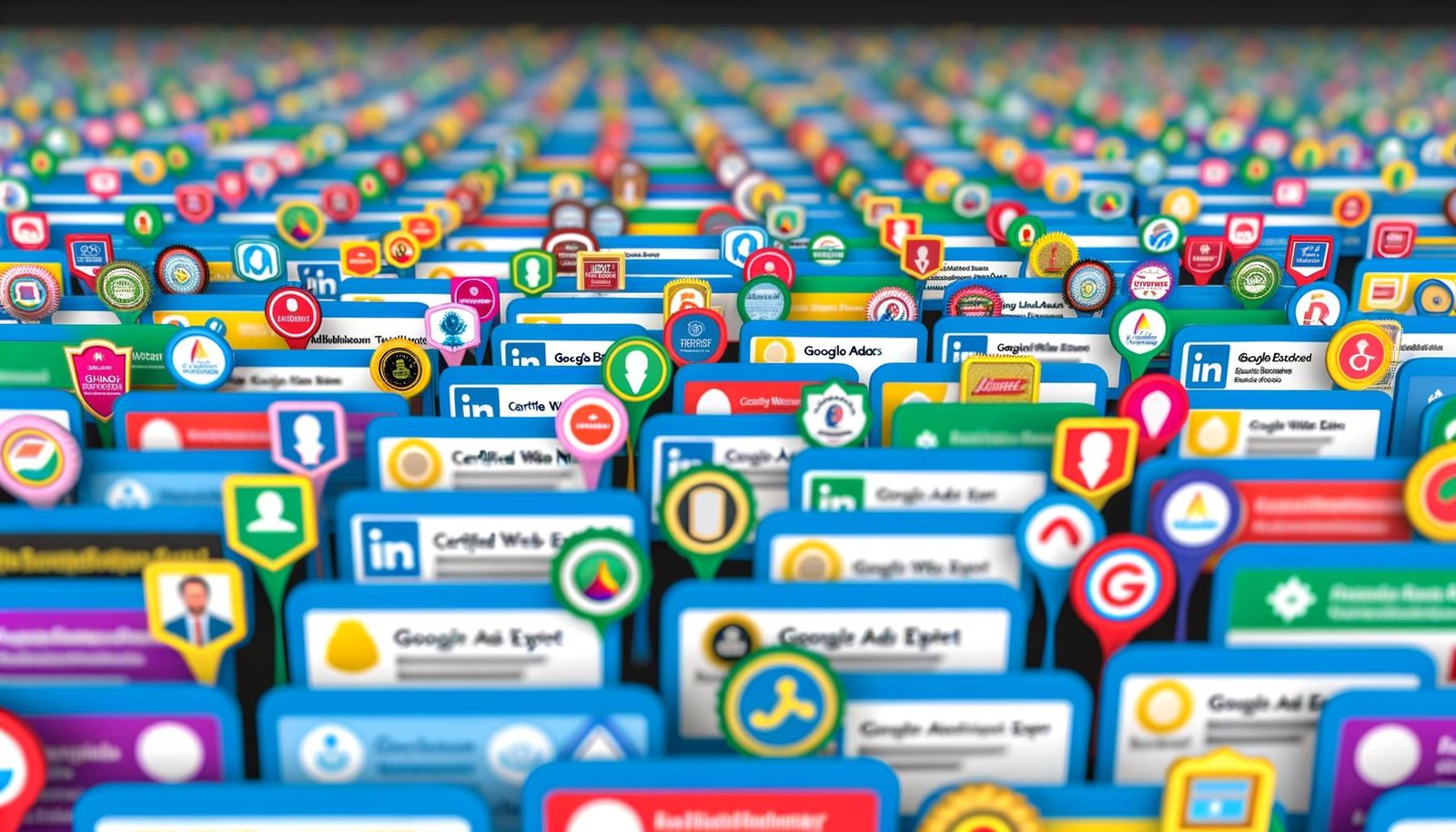 LinkedIn-Feed voller bunter Zertifikats-Badges und auffälliger Titel wie „Google Ads Expert“ und „Certified Web Ninja“, E-Mail-Signaturen übersät mit digitalen Siegeln, im Hintergrund ein wirres Muster aus Zertifikaten.