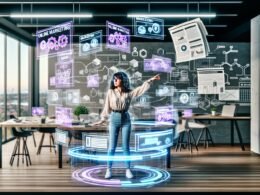 Futuristische Marketing-Expertin mit AR-Displays, digitalen Checklisten und KI-Tools in einem modern eingerichteten Loft-Büro, umgeben von technischen Skizzen und Workflow-Diagrammen.
