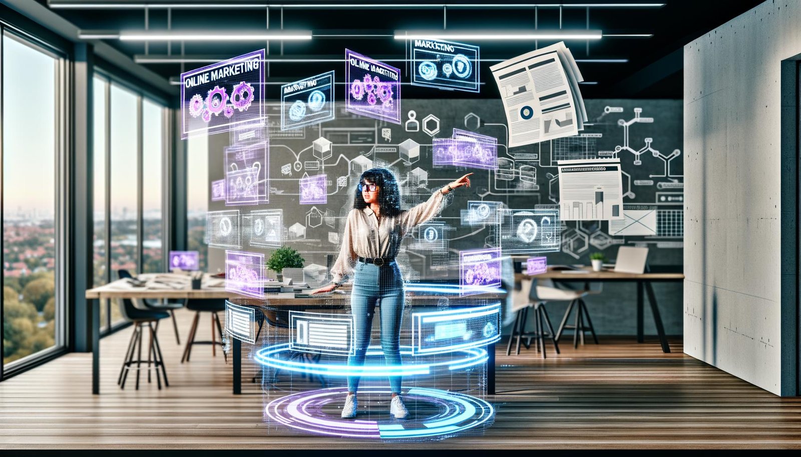 Futuristische Marketing-Expertin mit AR-Displays, digitalen Checklisten und KI-Tools in einem modern eingerichteten Loft-Büro, umgeben von technischen Skizzen und Workflow-Diagrammen.
