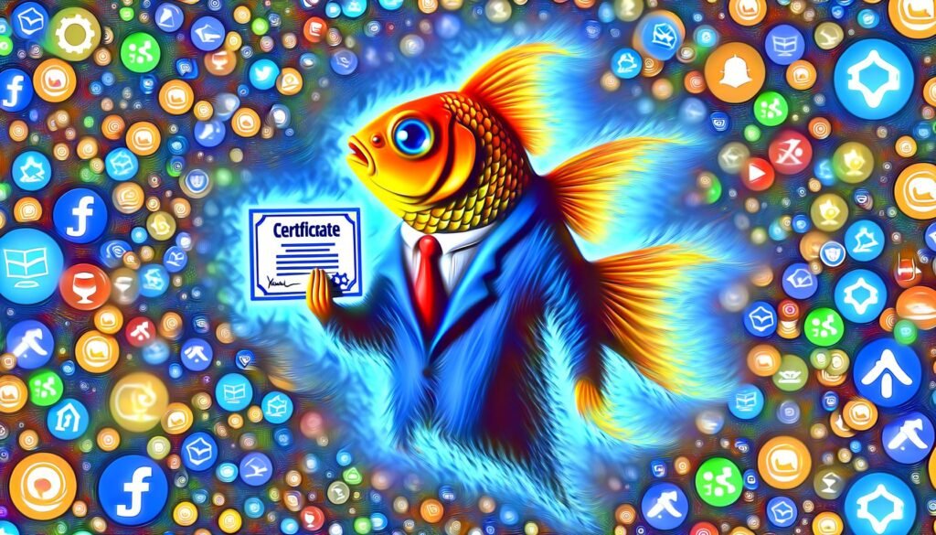 Goldfisch im Anzug hält digitales Zertifikat, umgeben von bunten Badges und Icons, vor einem überlaufenden Social-Media-Feed