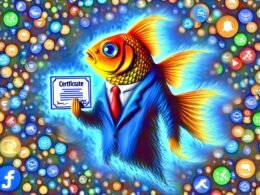 Goldfisch im Anzug hält digitales Zertifikat, umgeben von bunten Badges und Icons, vor einem überlaufenden Social-Media-Feed