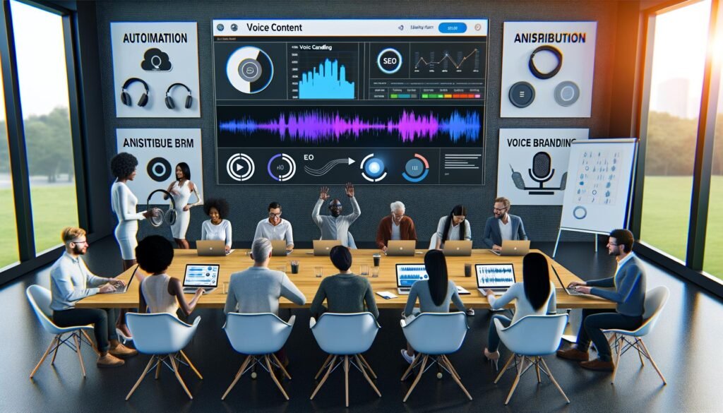 Dynamisches Marketing-Team sitzt im modernen Büro rund um einen Konferenztisch, arbeitet mit Voice Content Tools, Laptops, Mikrofonen und Kopfhörern, während ein großer Bildschirm Dashboard-Grafiken mit Wellenformen und Analytics zeigt.