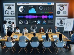 Dynamisches Marketing-Team sitzt im modernen Büro rund um einen Konferenztisch, arbeitet mit Voice Content Tools, Laptops, Mikrofonen und Kopfhörern, während ein großer Bildschirm Dashboard-Grafiken mit Wellenformen und Analytics zeigt.