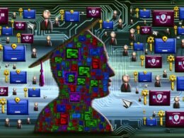 Surreale digitale Collage eines von Abzeichen und Zertifikaten überladenen LinkedIn-Profils, Recruiter-Silhouetten im Hintergrund mit binären Codes und fliegenden Papierflugzeug-Zertifikaten.