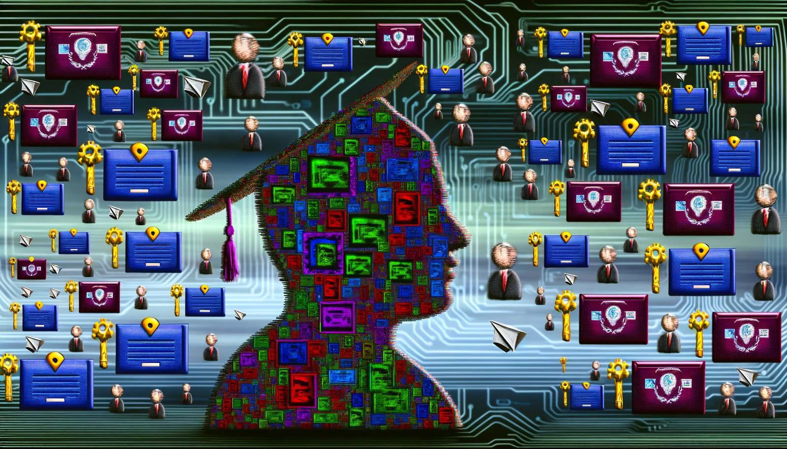 Surreale digitale Collage eines von Abzeichen und Zertifikaten überladenen LinkedIn-Profils, Recruiter-Silhouetten im Hintergrund mit binären Codes und fliegenden Papierflugzeug-Zertifikaten.