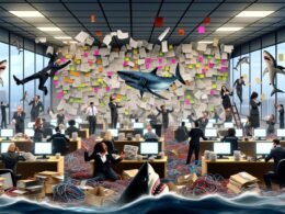 Metaphorische Szene eines überfüllten Büros mit gestressten Mitarbeitern, wirren Audiokabeln und Haien im Businessanzug auf einem überfluteten Boden, als Sinnbild für die Risiken im Voice Content.