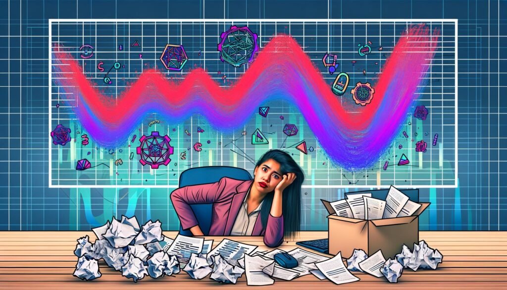 Illustration eines gestressten Data Scientists an chaotischem Arbeitsplatz mit modernen, automatisierten Matplotlib-Visualisierungen im Hintergrund.