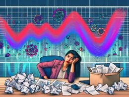 Illustration eines gestressten Data Scientists an chaotischem Arbeitsplatz mit modernen, automatisierten Matplotlib-Visualisierungen im Hintergrund.