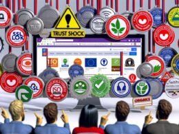 Nutzer betrachten eine moderne Webshop-Startseite, die mit SSL-, Trusted Shops-, TÜV-, ISO-, BIO-, Fairtrade- und Datenschutz-Badges übersät ist. Skeptische Menschen zeigen auf Abzeichen und wirken überfordert.