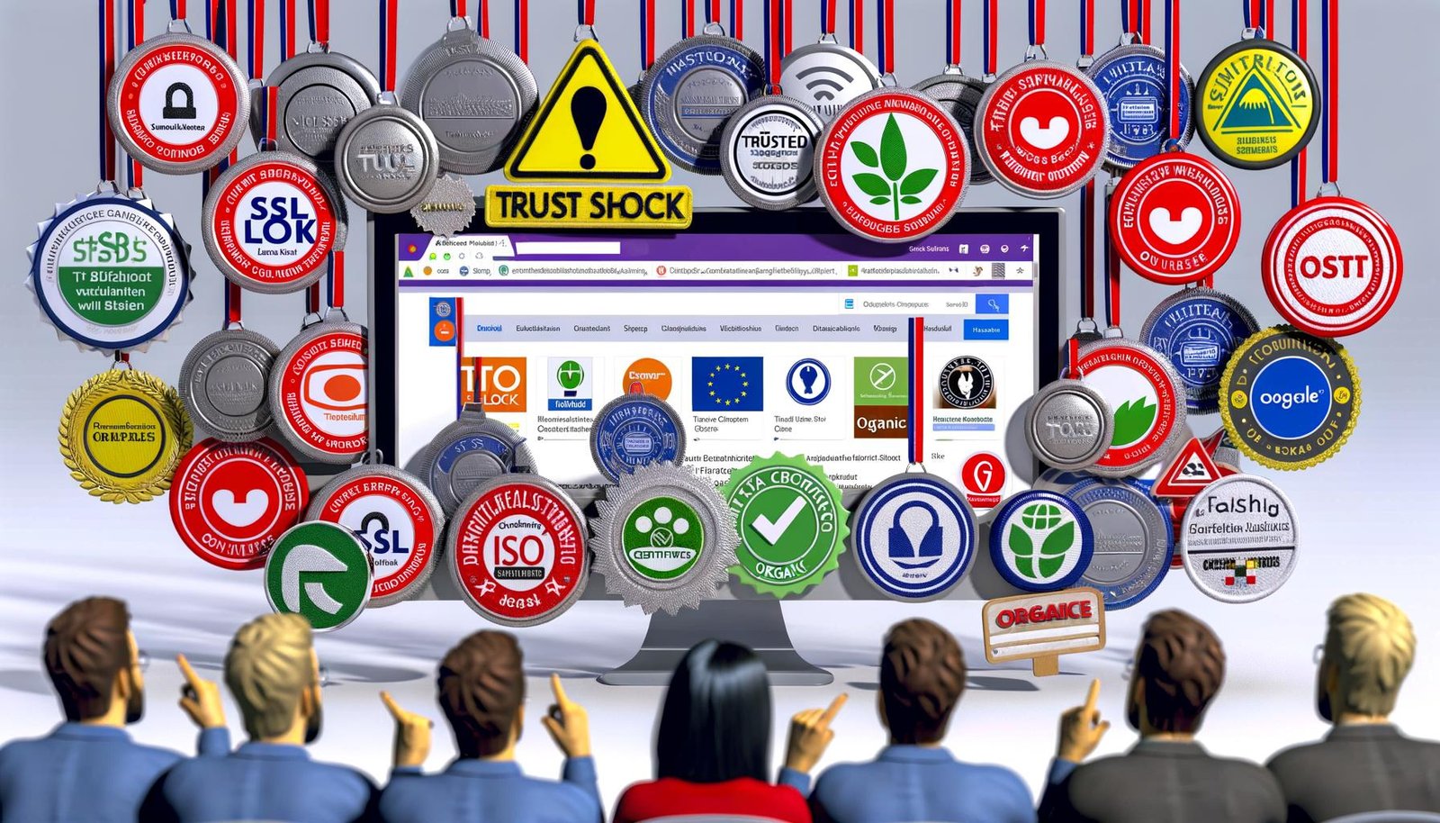 Nutzer betrachten eine moderne Webshop-Startseite, die mit SSL-, Trusted Shops-, TÜV-, ISO-, BIO-, Fairtrade- und Datenschutz-Badges übersät ist. Skeptische Menschen zeigen auf Abzeichen und wirken überfordert.