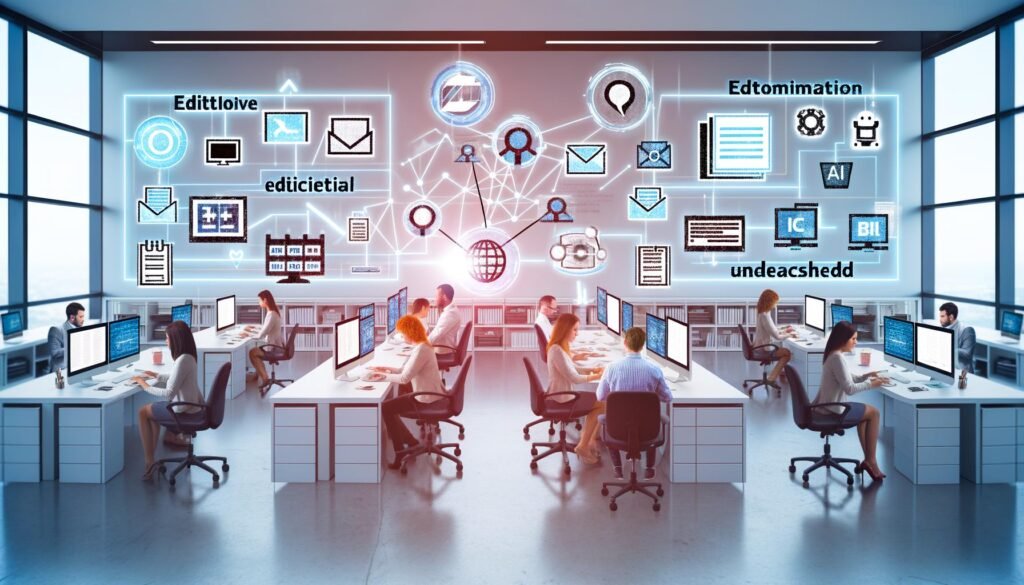 Modernes, digitales Redaktionsbüro mit leuchtenden Monitoren, großen Dashboards, vernetzten Automatisierungs- und KI-Icons und fokussierten Mitarbeitern an Tablets und Laptops; am Rand ein altes Faxgerät und Notizzettel als Symbol für vergangene Arbeitsweisen.