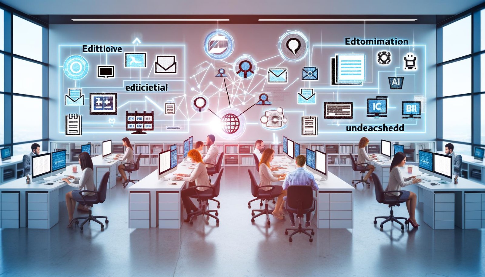 Modernes, digitales Redaktionsbüro mit leuchtenden Monitoren, großen Dashboards, vernetzten Automatisierungs- und KI-Icons und fokussierten Mitarbeitern an Tablets und Laptops; am Rand ein altes Faxgerät und Notizzettel als Symbol für vergangene Arbeitsweisen.