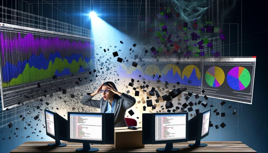 Überwältigter Datenanalyst vor chaotischen Charts und Python-Code, erleuchtet von einem klaren, gefilterten Dashboard mit Matplotlib Query.