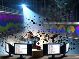 Überwältigter Datenanalyst vor chaotischen Charts und Python-Code, erleuchtet von einem klaren, gefilterten Dashboard mit Matplotlib Query.