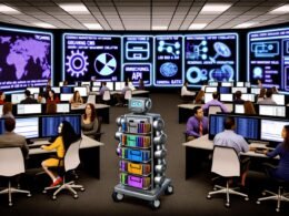 Futuristisches Büro mit diversen Marketing- und Entwicklerteams, die an digitalen Displays arbeiten, während traditionelle CMS-Logos aus dem Raum entfernt und moderne Headless-CMS-Tools hervorgehoben werden.