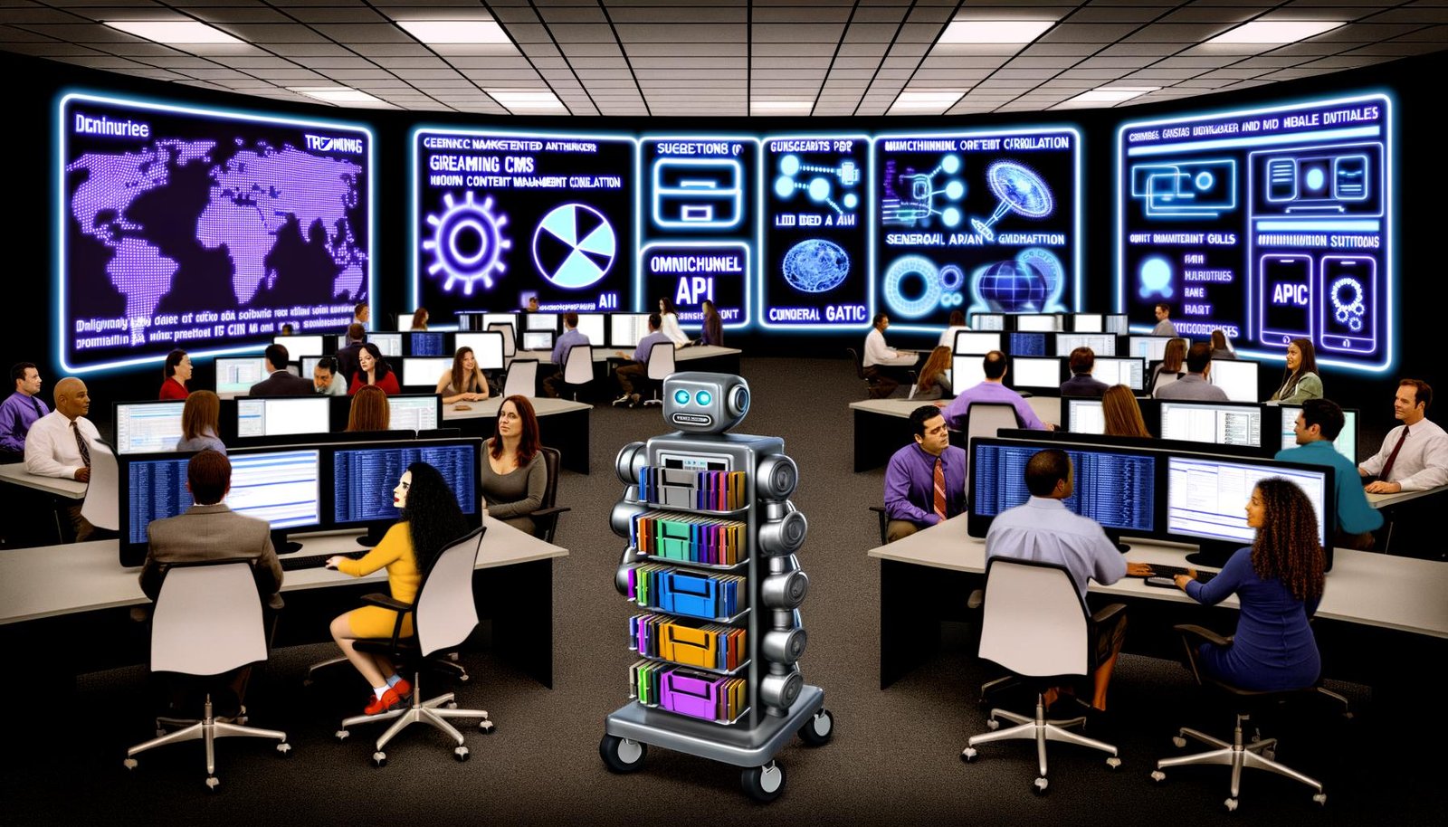 Futuristisches Büro mit diversen Marketing- und Entwicklerteams, die an digitalen Displays arbeiten, während traditionelle CMS-Logos aus dem Raum entfernt und moderne Headless-CMS-Tools hervorgehoben werden.