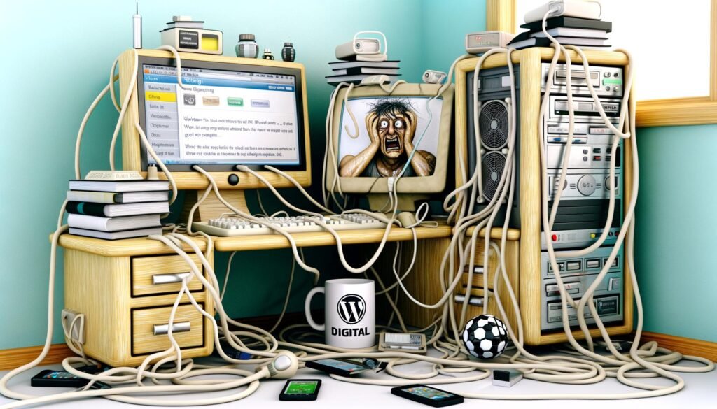 Gestresste Person vor altem Computer mit WordPress, zahlreichen Plugin-Symbolen und einem Durcheinander von Kabeln, während aktuelle Geräte im Hintergrund zu sehen sind.