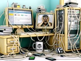 Gestresste Person vor altem Computer mit WordPress, zahlreichen Plugin-Symbolen und einem Durcheinander von Kabeln, während aktuelle Geräte im Hintergrund zu sehen sind.