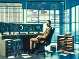 Datenanalyst in modernem Büro mit automatisierten Python-Dashboards und kontrastierendem Excel-Sheet im Vintage-Stil