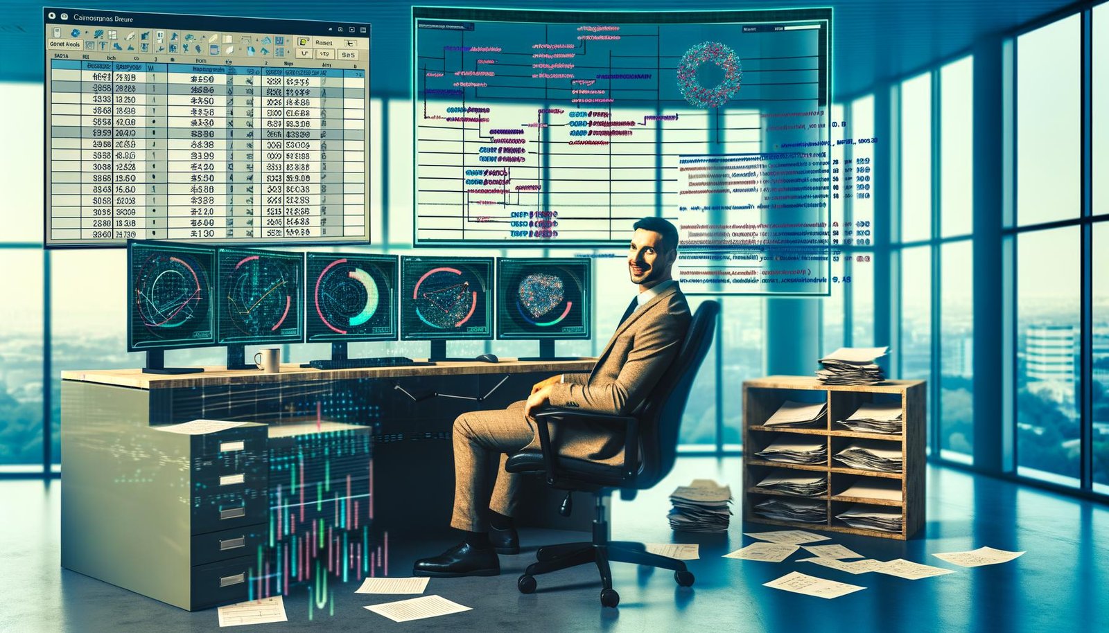 Datenanalyst in modernem Büro mit automatisierten Python-Dashboards und kontrastierendem Excel-Sheet im Vintage-Stil