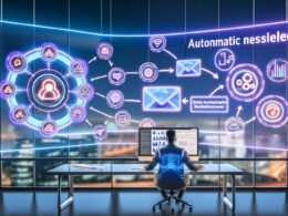 Marketer sitzt in einem futuristisch beleuchteten Büro vor Monitoren mit KI-Newsletter-Workflows, Integration-Logos und deutschen Textbubbles, im Hintergrund eine Hightech-Stadtansicht.