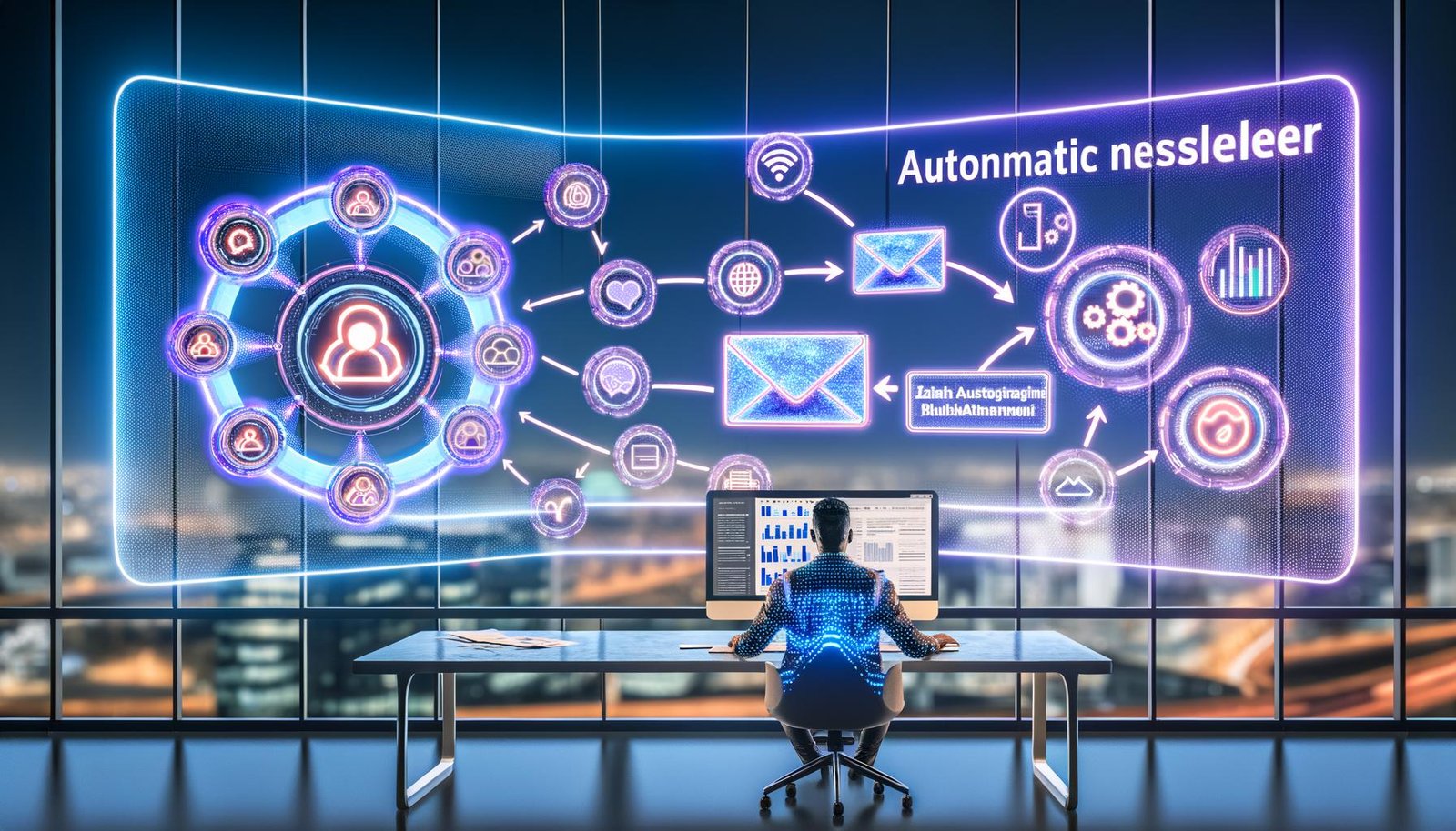 Marketer sitzt in einem futuristisch beleuchteten Büro vor Monitoren mit KI-Newsletter-Workflows, Integration-Logos und deutschen Textbubbles, im Hintergrund eine Hightech-Stadtansicht.