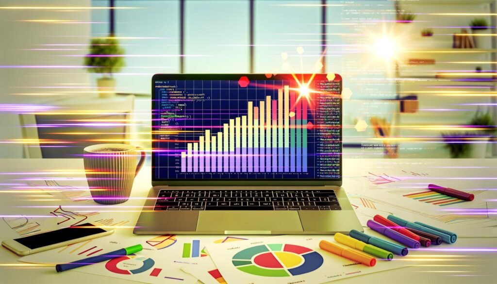 Laptop mit modernem Matplotlib-Balkendiagramm, umgeben von Datenblättern, Kaffee und Markern in inspirierender Büro-Atmosphäre.