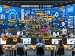 Digitales Marketing-Team arbeitet in einem modernen Büro an Monitoren mit KI-generierten E-Mails, Dashboards und automatisierten Workflows. Im Vordergrund animierte GPT-Oberfläche für personalisierte E-Mail-Inhalte, im Hintergrund große Bildschirme mit Prozessdiagrammen.