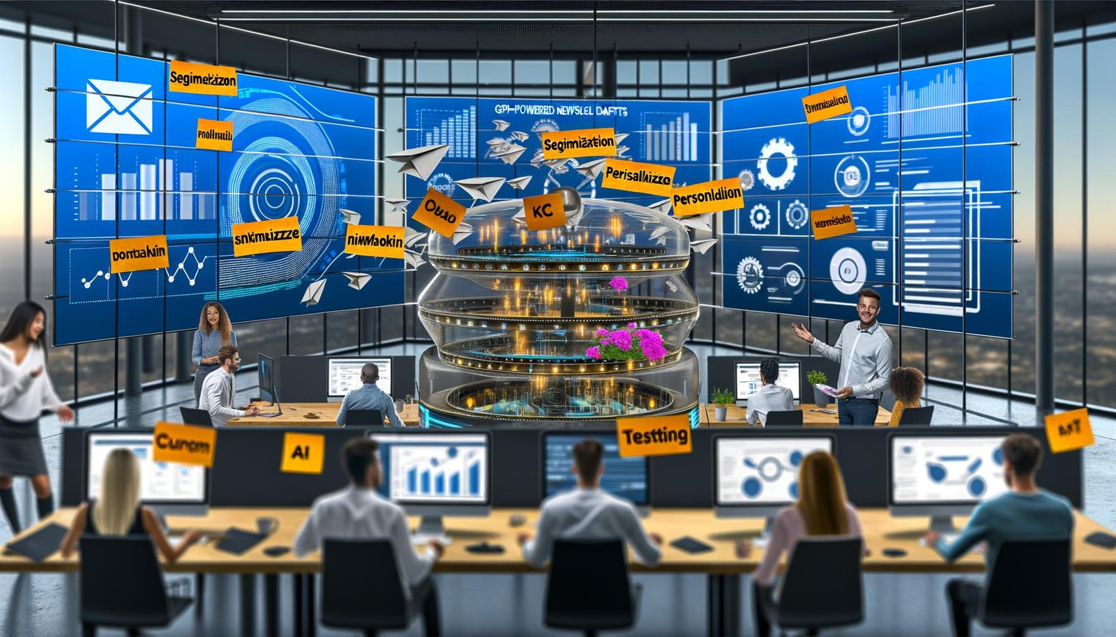 Digitales Marketing-Team arbeitet in einem modernen Büro an Monitoren mit KI-generierten E-Mails, Dashboards und automatisierten Workflows. Im Vordergrund animierte GPT-Oberfläche für personalisierte E-Mail-Inhalte, im Hintergrund große Bildschirme mit Prozessdiagrammen.