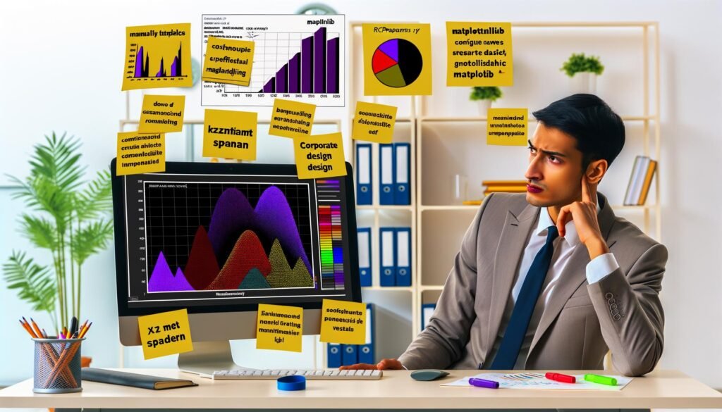 Moderne Datenwissenschaftlerin am Schreibtisch, unzufrieden mit einfachen Matplotlib-Diagrammen, daneben ein brillantes, individuell gestaltetes Chart auf dem Monitor.