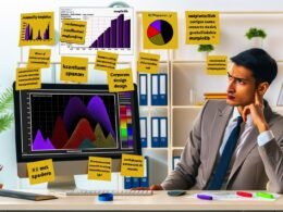 Moderne Datenwissenschaftlerin am Schreibtisch, unzufrieden mit einfachen Matplotlib-Diagrammen, daneben ein brillantes, individuell gestaltetes Chart auf dem Monitor.