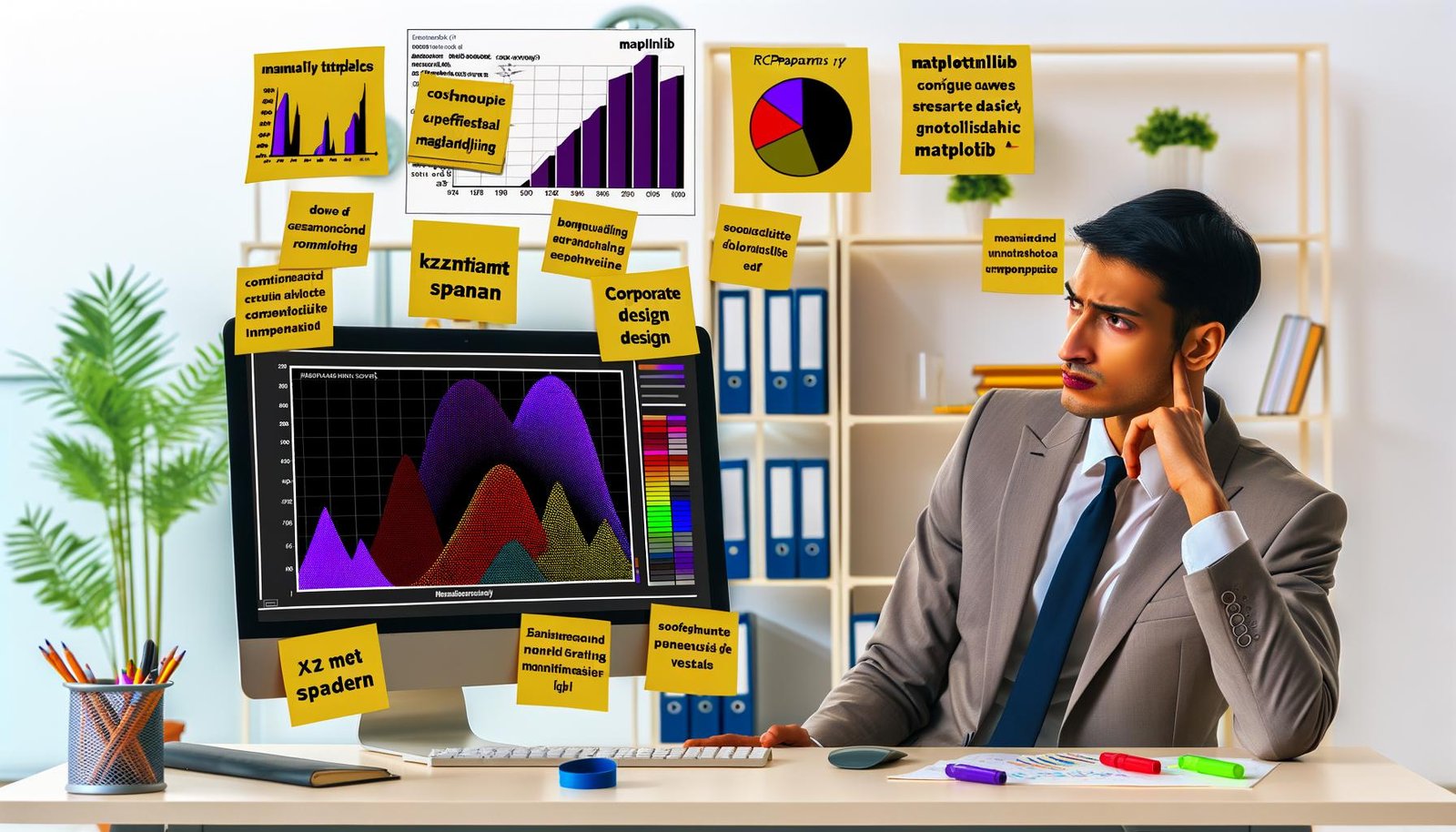 Moderne Datenwissenschaftlerin am Schreibtisch, unzufrieden mit einfachen Matplotlib-Diagrammen, daneben ein brillantes, individuell gestaltetes Chart auf dem Monitor.