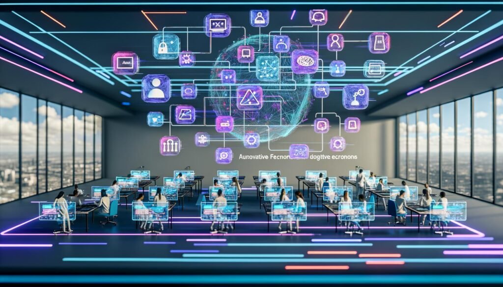 Futuristischer Kontrollraum mit diversen Schöpfern an holografischen Arbeitsplätzen, umgeben von API-, Daten- und Zahlungssymbolen in blauen und violetten Neonfarben.