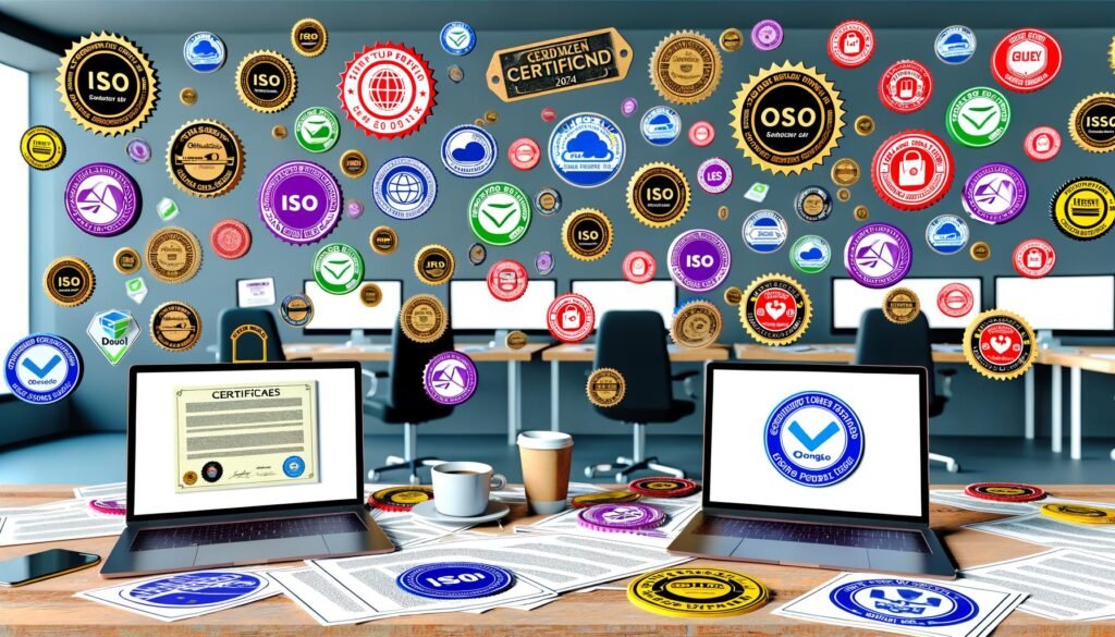 Modernes Büro voller Laptops, bunter Zertifikats-Logos und Papierstapel mit Siegeln. Kaffee-Tassen, Sticker mit ISO, Trusted Shop und Google Partner sind sichtbar. Die Szene vermittelt die Überflutung mit Zertifikaten im digitalen Marketing.